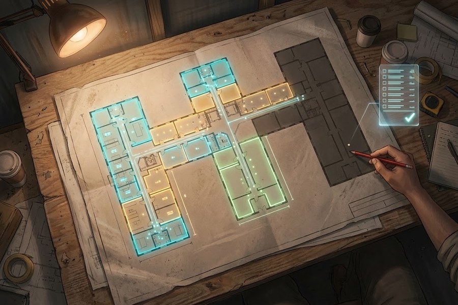 Estimator reviewing color-coded takeoff markups on a construction floor plan across two monitors.