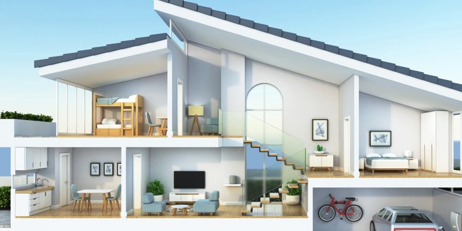 Cross-section of a modern, energy-efficient home showcasing interior living spaces, ventilation, and insulation layers—illustrating how building science innovations help prevent mold, moisture damage, and structural issues.
