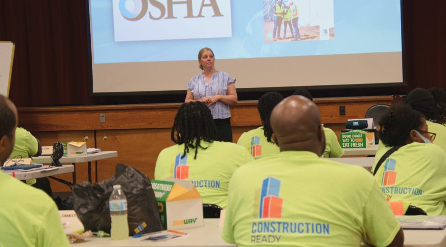 Instructor leads a Construction Ready OSHA safety course for adult trainees in a Georgia workforce training classroom.