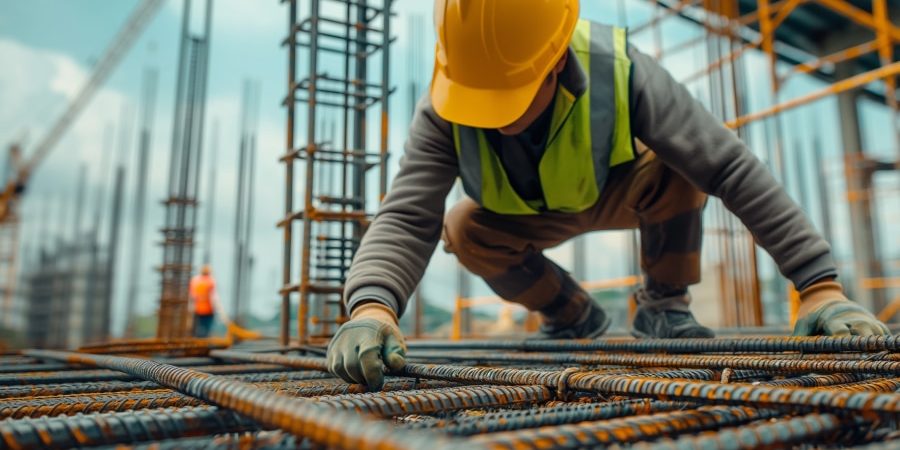 Construction worker in hard hat and safety vest tying rebar on a jobsite, symbolizing the teamwork, coordination and digital collaboration tools like Bluebeam that support modern construction projects.