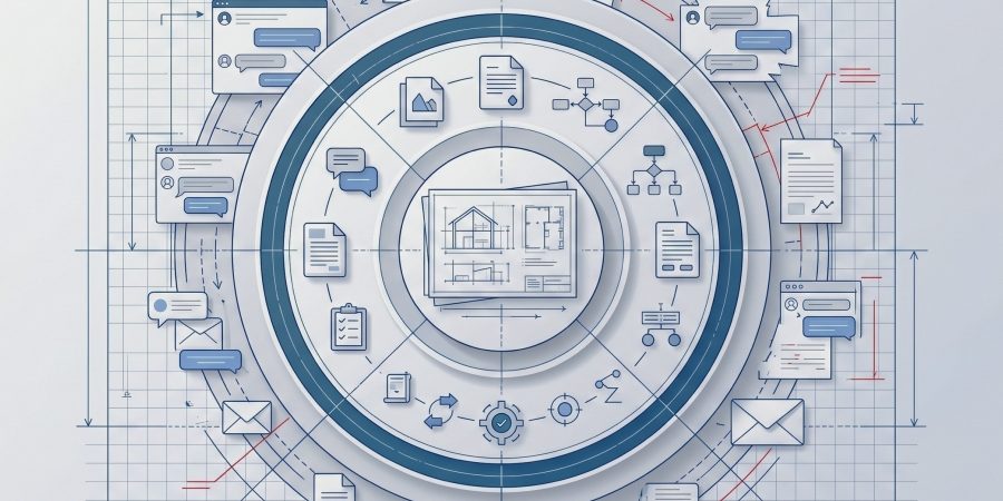 Illustration of construction project communication workflows showing digital document management, email exchanges, RFIs, drawing revisions, collaboration tools and centralized project information systems used to reduce rework and improve coordination in construction projects.