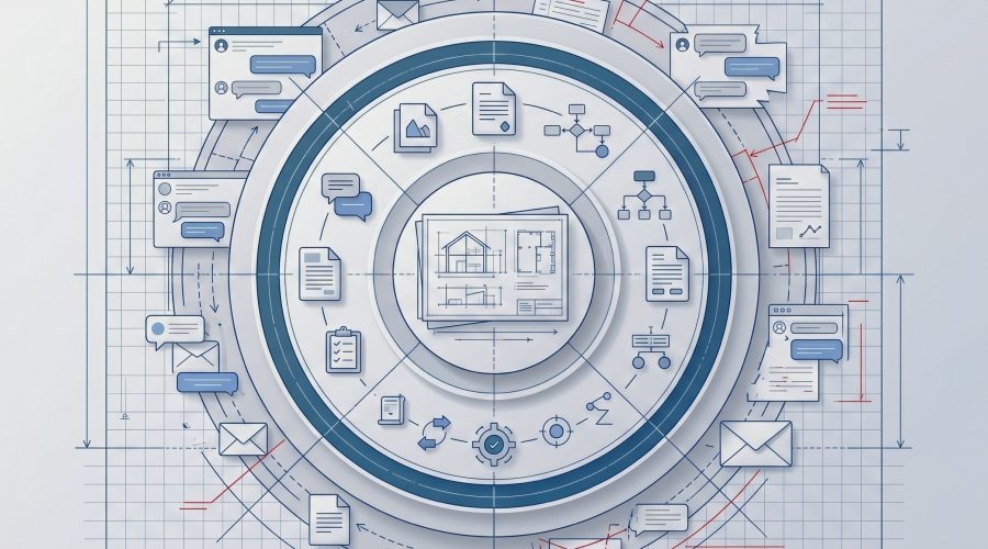 Illustration of construction project communication workflows showing digital document management, email exchanges, RFIs, drawing revisions, collaboration tools and centralized project information systems used to reduce rework and improve coordination in construction projects.