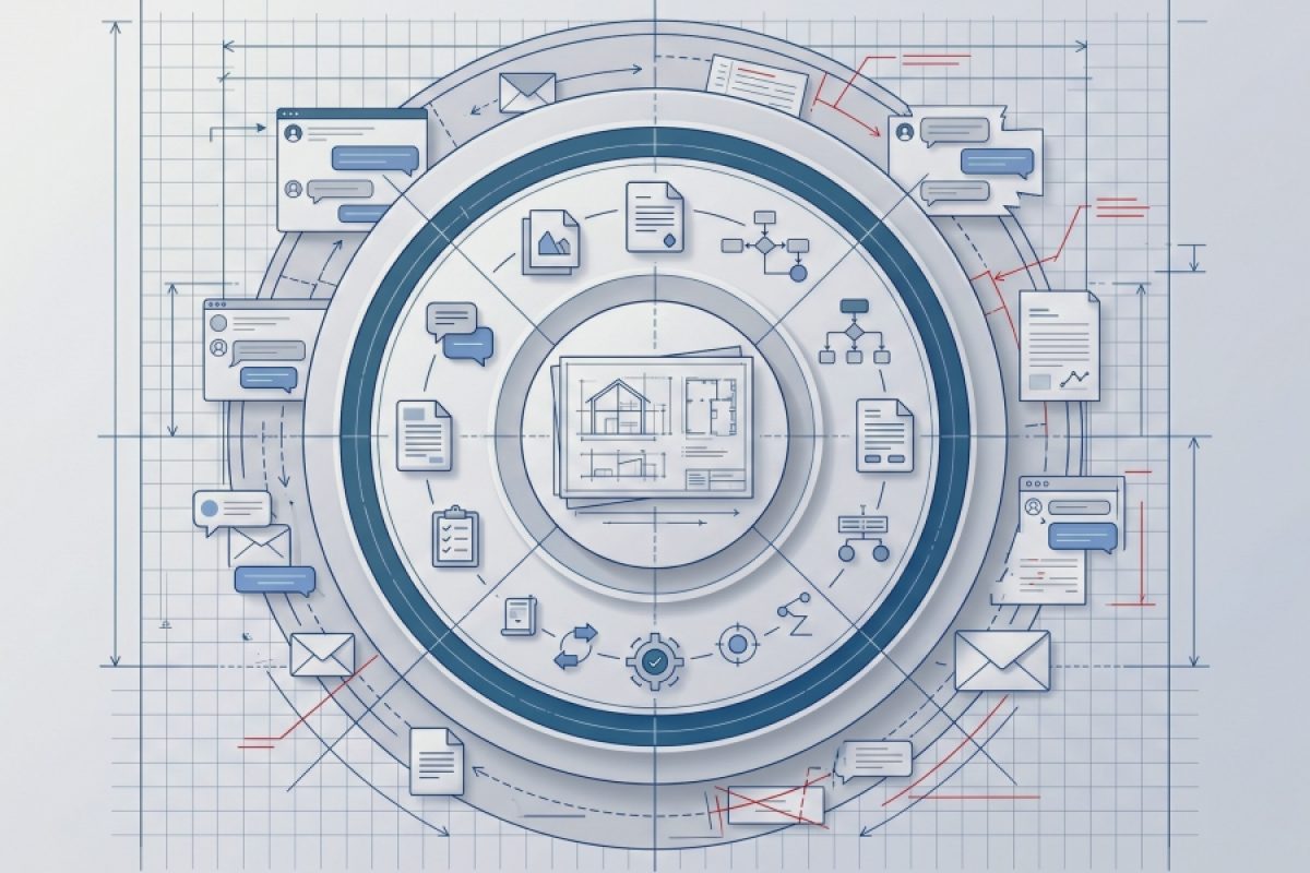 Illustration of construction project communication workflows showing digital document management, email exchanges, RFIs, drawing revisions, collaboration tools and centralized project information systems used to reduce rework and improve coordination in construction projects.