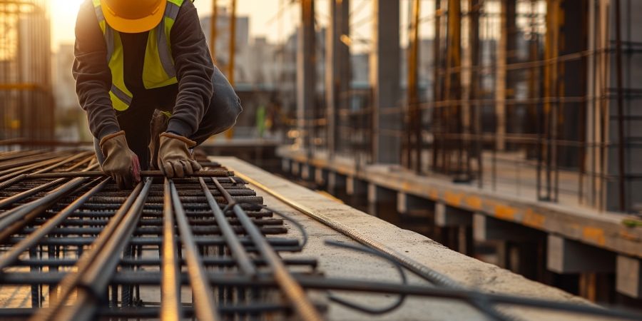 A construction worker wearing a hard hat and safety vest installs rebar at a building site during sunset, symbolizing workforce opportunities in the construction industry. Featured in 'Breaking Barriers: Five Skies’ Transformative Program for Native Americans in Construction.