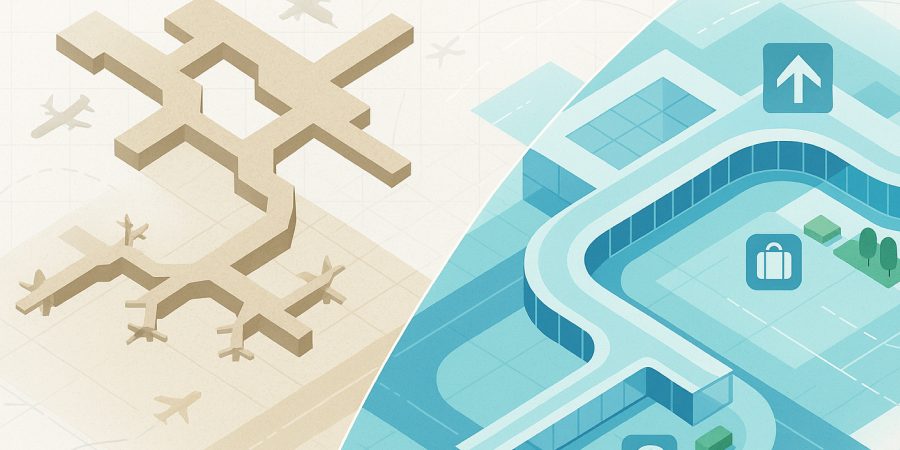 Illustrated split view of old vs. modern US airport design, showing outdated maze-like concourses on the left and a sleek, efficient terminal with clear signage and passenger amenities on the right, symbolizing America’s airport rebuild and modernization.