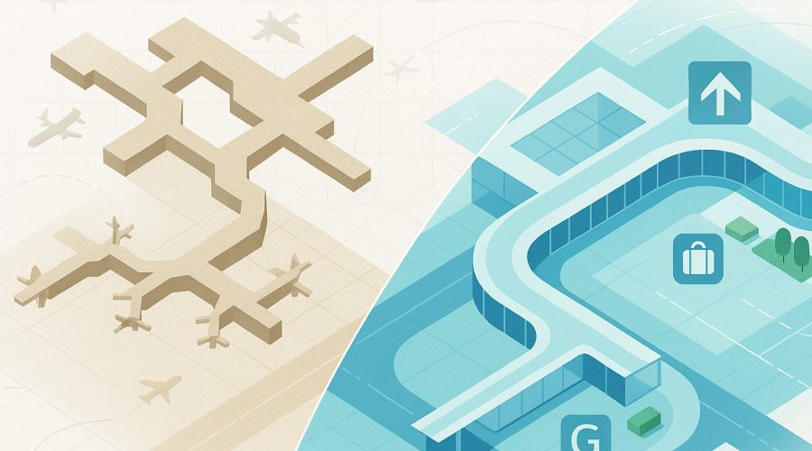 Illustrated split view of old vs. modern US airport design, showing outdated maze-like concourses on the left and a sleek, efficient terminal with clear signage and passenger amenities on the right, symbolizing America’s airport rebuild and modernization.