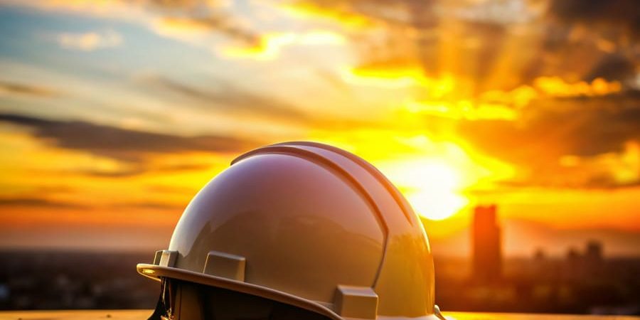 Photo of a construction hard hat resting on a flat surface with a vibrant sunset in the background, symbolizing innovation, resilience, and progress in the construction industry. Perfect visual for an article about generative AI's transformative role in modern construction.