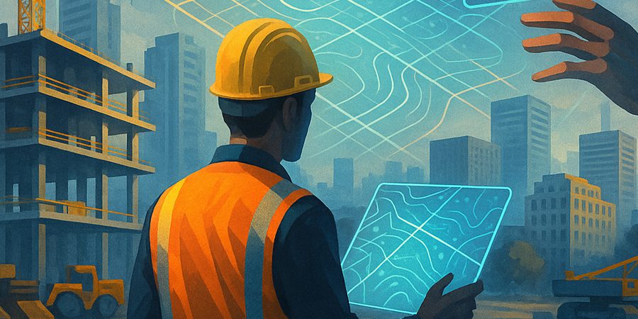 Construction foreman reviewing a digital site map with a drone pilot on an active jobsite