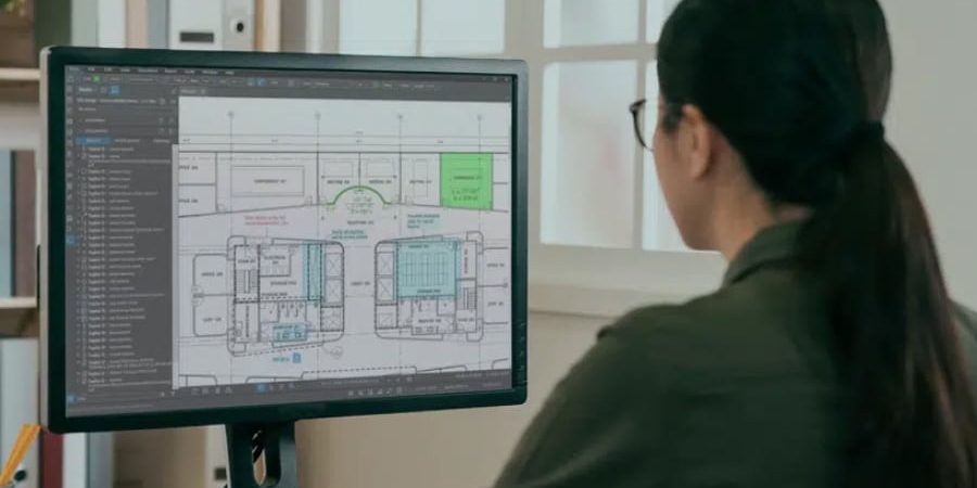 A professional using Bluebeam Revu software to scale markups on a digital construction blueprint, ensuring precise measurements and streamlined collaboration.