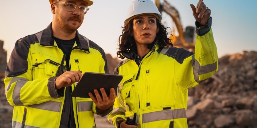 Two construction professionals in high-visibility safety jackets and hard hats discuss project plans at an active job site. A woman leader confidently points forward while holding a walkie-talkie, symbolizing the growing impact of women in construction. Breaking barriers in the industry.