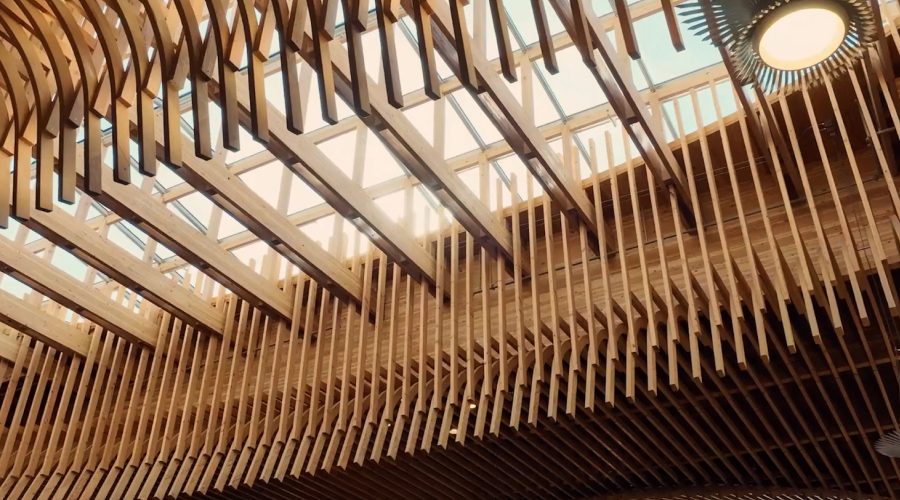 Modern timber ceiling architecture with curved wooden slats and skylights filtering natural daylight, showcasing sustainable mass timber design in a large public interior space.