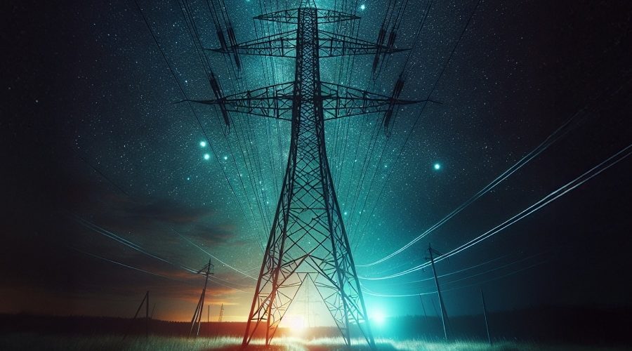 High-voltage power lines stretching across a starry night sky, symbolizing the digital transformation of the energy sector through connected construction teams and smart infrastructure.