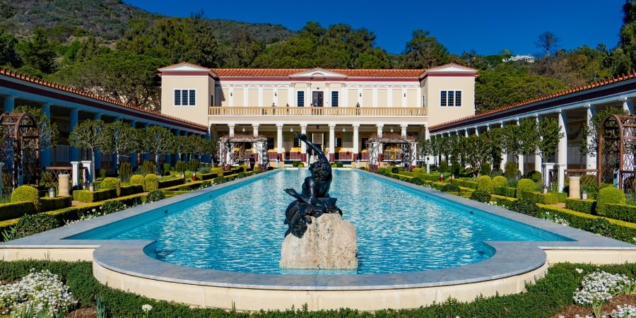 Reflecting pool and fire-resistant architecture at the Getty Center in Los Angeles, showcasing landscape design and campus planning that helped protect the site during historic wildfires.