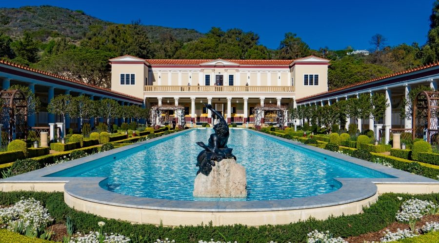 Reflecting pool and fire-resistant architecture at the Getty Center in Los Angeles, showcasing landscape design and campus planning that helped protect the site during historic wildfires.