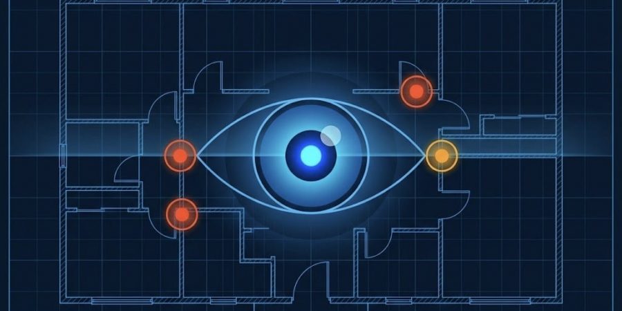 Blueprint-style illustration showing a construction floor plan with a glowing digital eye at the center, symbolizing AI-powered drawing intelligence, spatial analysis and automated QA/QC in construction workflows. Red and yellow markers highlight potential drawing conflicts, coordination risks and revision issues across architectural plans.