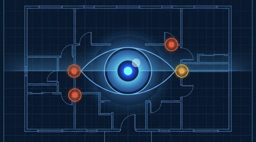 Blueprint-style illustration showing a construction floor plan with a glowing digital eye at the center, symbolizing AI-powered drawing intelligence, spatial analysis and automated QA/QC in construction workflows. Red and yellow markers highlight potential drawing conflicts, coordination risks and revision issues across architectural plans.