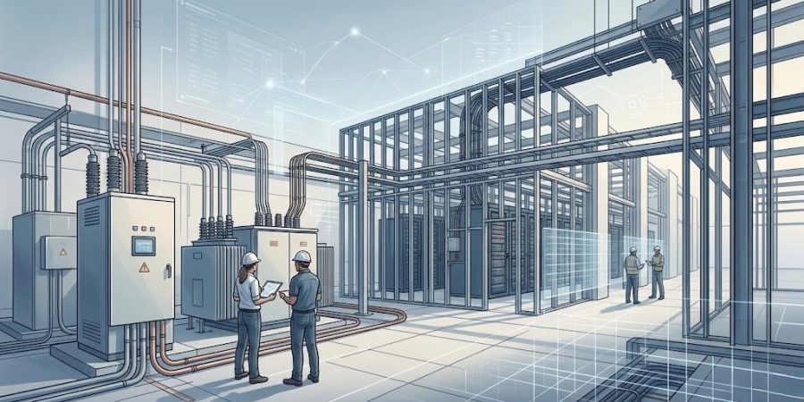 Construction crew reviewing digital plans at AI data center site with power infrastructure, copper wiring and electrical systems.