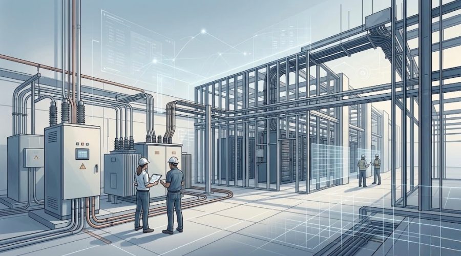 Construction crew reviewing digital plans at AI data center site with power infrastructure, copper wiring and electrical systems.