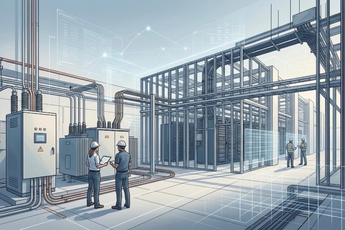 Construction crew reviewing digital plans at AI data center site with power infrastructure, copper wiring and electrical systems.
