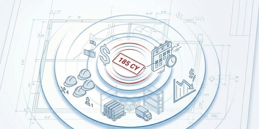 Construction takeoff illustration showing 185 cubic yards measurement with icons for cost, schedule, labor, materials and project performance overlaid on building plans.