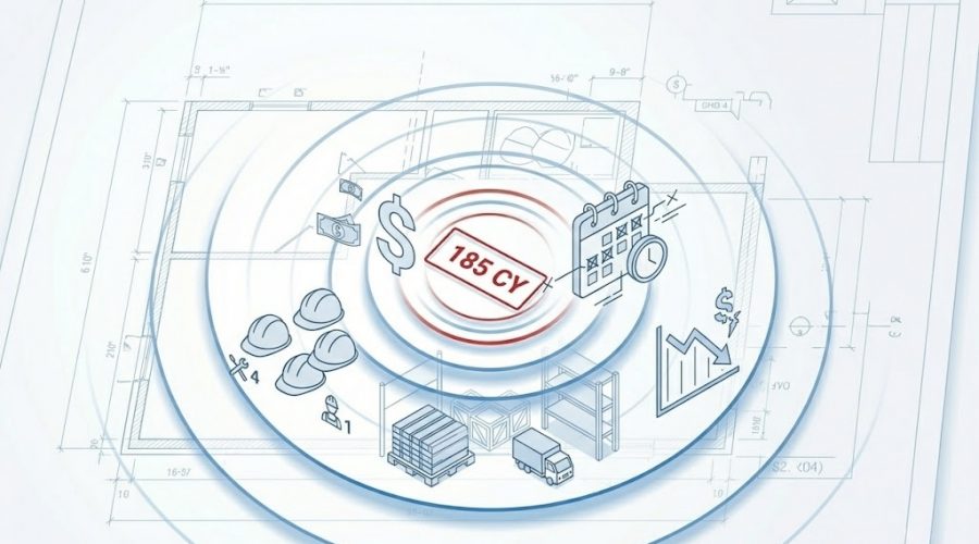 Construction takeoff illustration showing 185 cubic yards measurement with icons for cost, schedule, labor, materials and project performance overlaid on building plans.