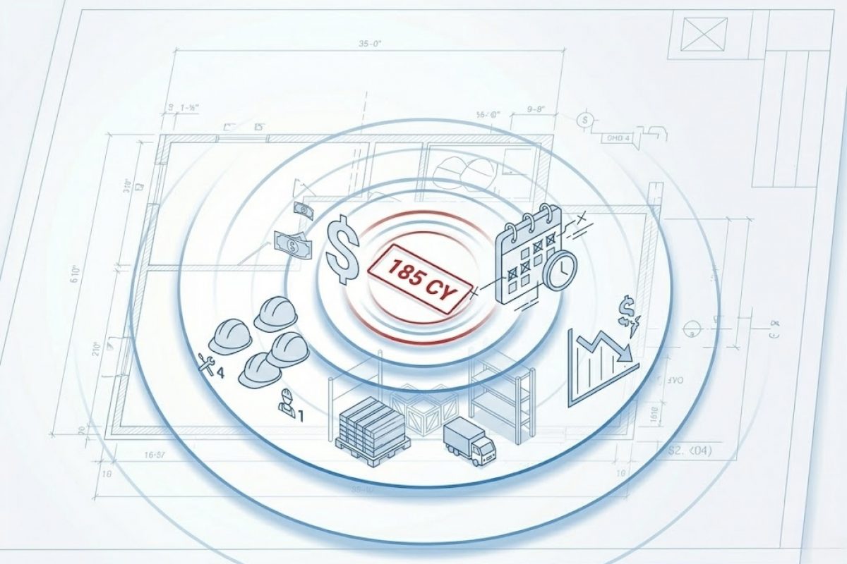 Construction takeoff illustration showing 185 cubic yards measurement with icons for cost, schedule, labor, materials and project performance overlaid on building plans.