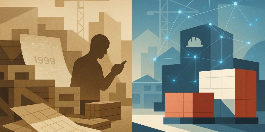 Split-screen illustration showing outdated, paper-based 1990s construction supply chain workflows on the left and a modern AI-powered, digitally connected construction site on the right. The left side features a worker reviewing paper plans from 1999 amid stacked materials, while the right side shows automated, networked construction logistics with digital nodes and organized shipping containers—symbolizing how AI is modernizing construction supply chains.