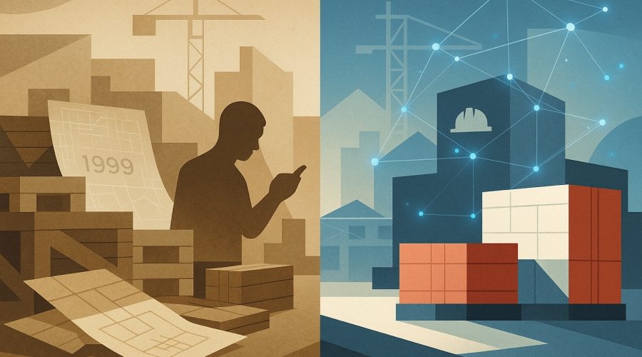 Split-screen illustration showing outdated, paper-based 1990s construction supply chain workflows on the left and a modern AI-powered, digitally connected construction site on the right. The left side features a worker reviewing paper plans from 1999 amid stacked materials, while the right side shows automated, networked construction logistics with digital nodes and organized shipping containers—symbolizing how AI is modernizing construction supply chains.