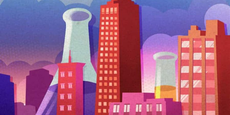 A futuristic illustration of biomaterials science and engineering incorporated into architecture and construction