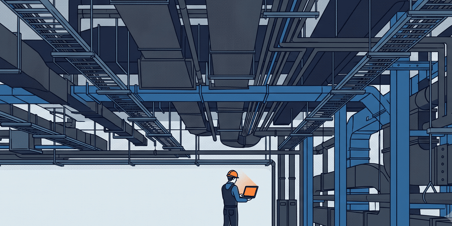 MEP foreman with a laptop standing beneath overhead ductwork, piping and cable tray in an unfinished building