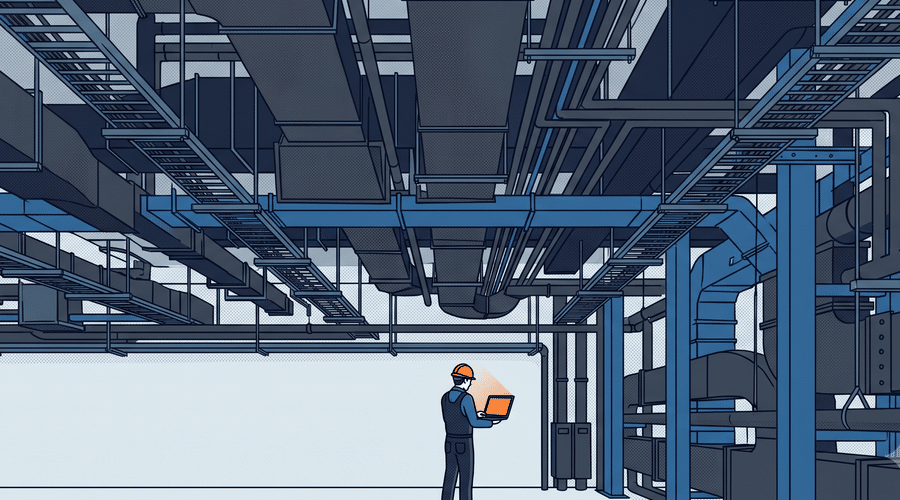 MEP foreman with a laptop standing beneath overhead ductwork, piping and cable tray in an unfinished building