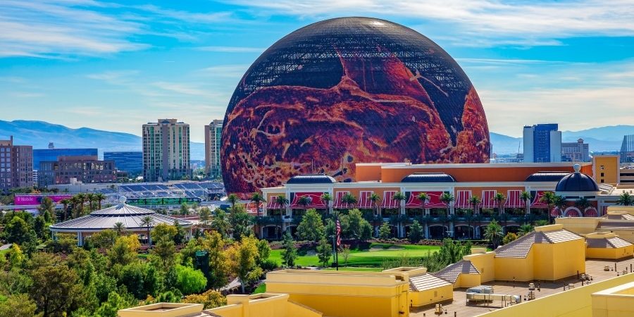The Sphere in Las Vegas with its curved LED exterior display, showcasing cutting-edge architecture and immersive audio-visual engineering in the heart of the city.