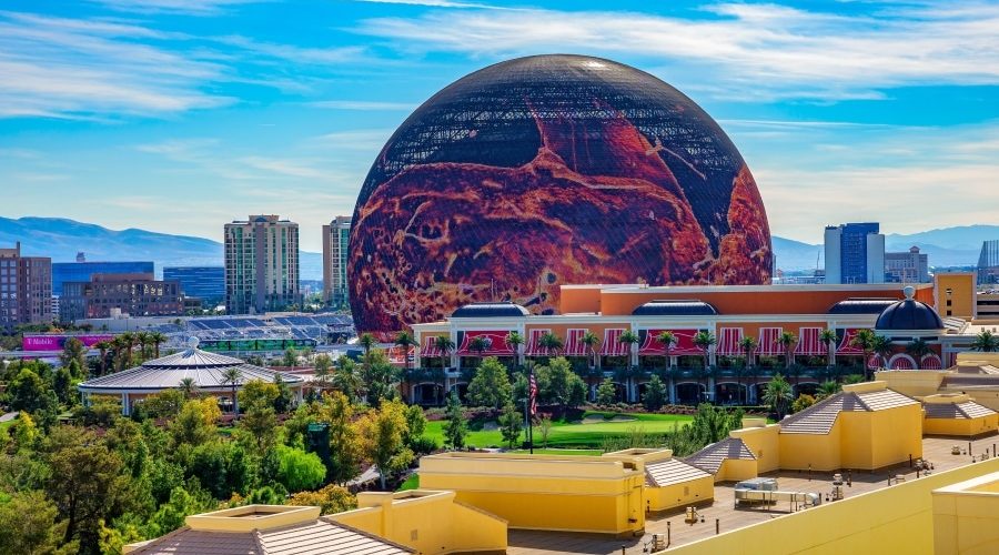 The Sphere in Las Vegas with its curved LED exterior display, showcasing cutting-edge architecture and immersive audio-visual engineering in the heart of the city.