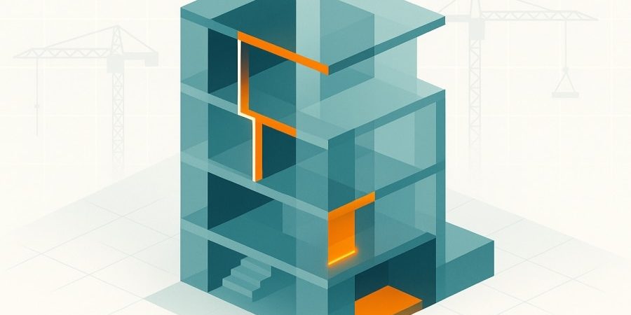 A digital illustration of a multi-story building highlighting sections of plastic-based materials in bright orange, symbolizing hidden plastics in construction and their environmental impact.