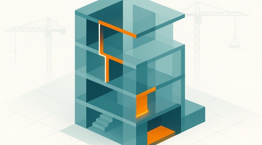 A digital illustration of a multi-story building highlighting sections of plastic-based materials in bright orange, symbolizing hidden plastics in construction and their environmental impact.