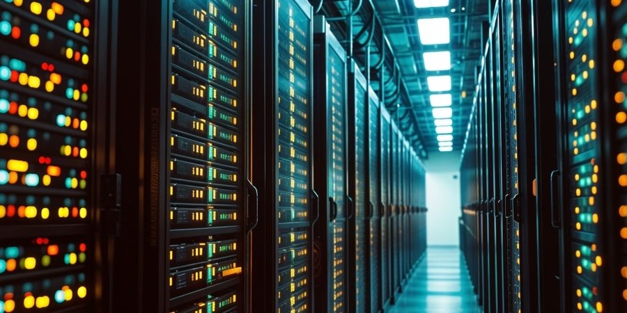 Row of illuminated server racks inside a modern data center corridor, symbolizing the physical infrastructure and skilled labor required to power AI, advanced manufacturing and digital growth.