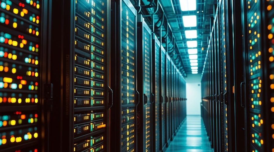 Row of illuminated server racks inside a modern data center corridor, symbolizing the physical infrastructure and skilled labor required to power AI, advanced manufacturing and digital growth.