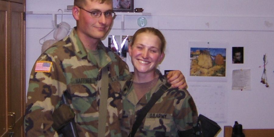 U.S. Army veteran Jessica Haffner smiling with her brother in uniform during deployment, highlighting her military service before her career in customer success at Bluebeam.