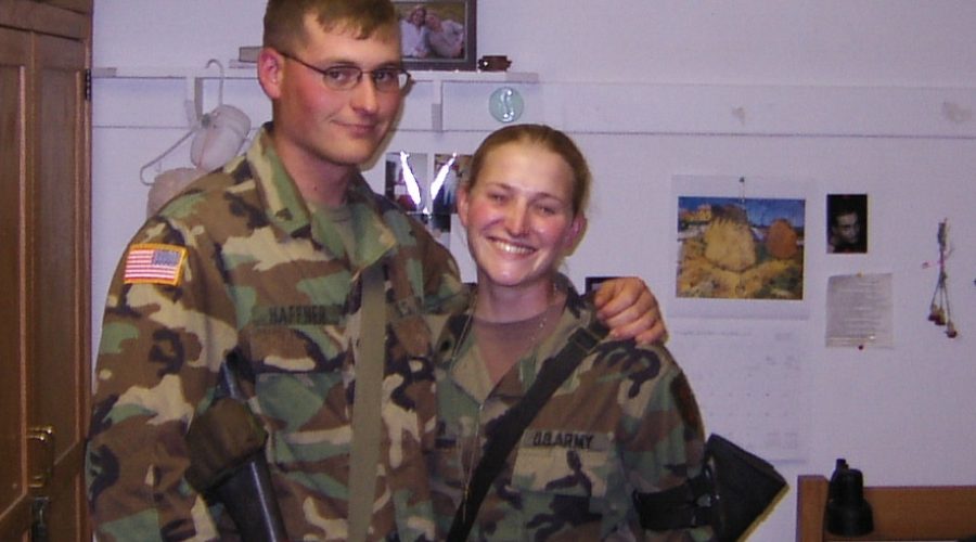 U.S. Army veteran Jessica Haffner smiling with her brother in uniform during deployment, highlighting her military service before her career in customer success at Bluebeam.