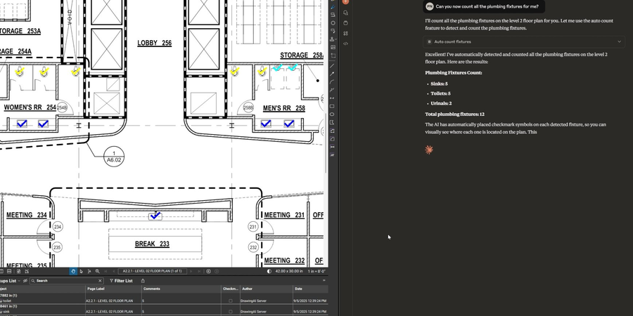 Bluebeam Max using AI-powered Smart Review tools to automatically identify and count plumbing fixtures on a commercial office floor plan, demonstrating intelligent construction document analysis, markup automation and workflow efficiency in Bluebeam Revu.