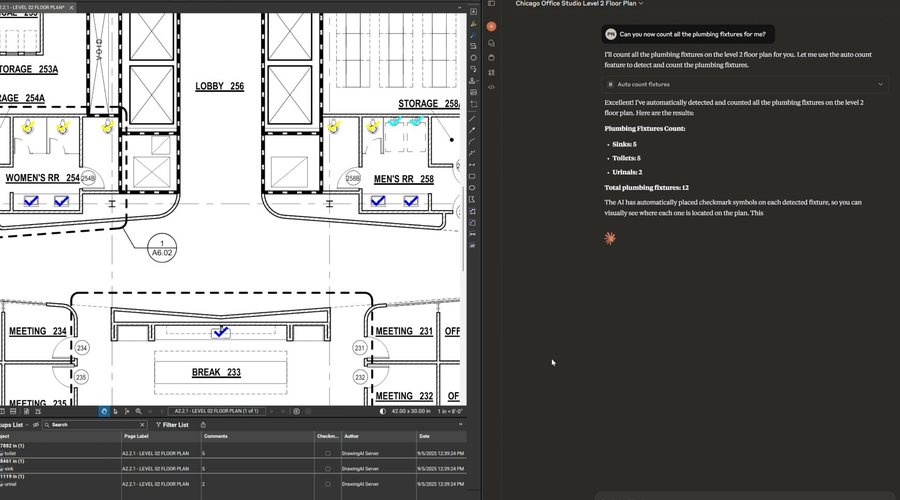 Bluebeam Max using AI-powered Smart Review tools to automatically identify and count plumbing fixtures on a commercial office floor plan, demonstrating intelligent construction document analysis, markup automation and workflow efficiency in Bluebeam Revu.