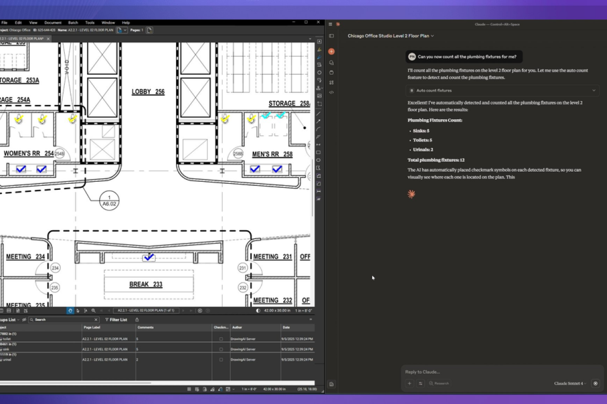 Bluebeam Max using AI-powered Smart Review tools to automatically identify and count plumbing fixtures on a commercial office floor plan, demonstrating intelligent construction document analysis, markup automation and workflow efficiency in Bluebeam Revu.