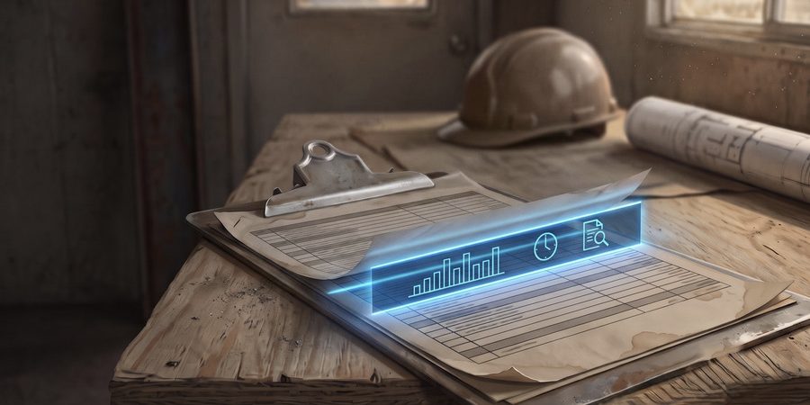 Construction documents on a clipboard at a jobsite table with a glowing digital data overlay, hard hat and rolled blueprints nearby.