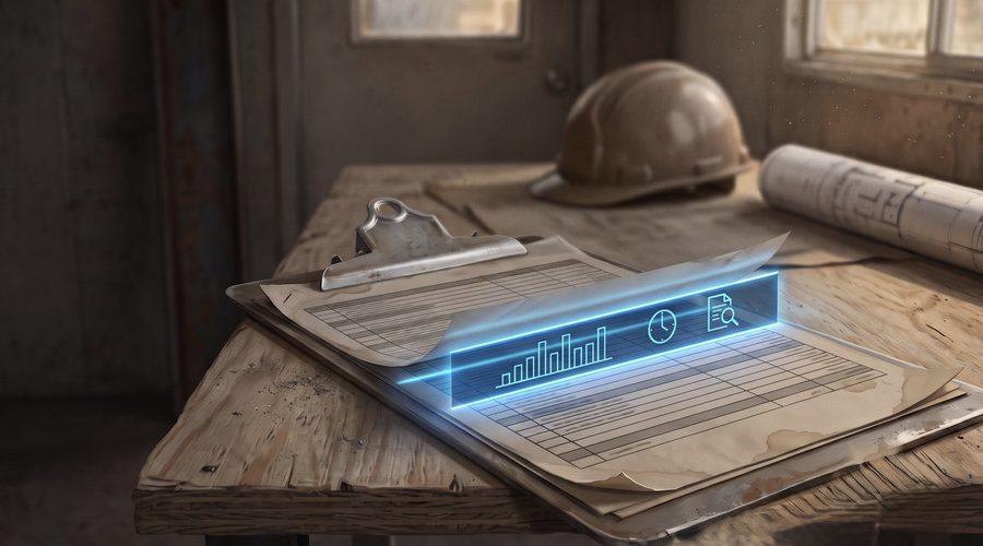 Construction documents on a clipboard at a jobsite table with a glowing digital data overlay, hard hat and rolled blueprints nearby.