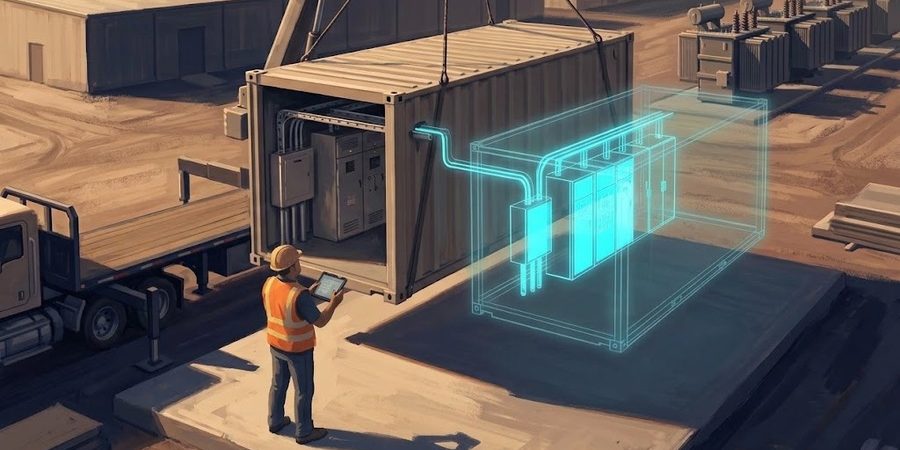 Illustration of an electrical contractor with a tablet watching a crane lower a prefabricated electrical module at a data center site, beside a glowing digital model of its switchgear layout.