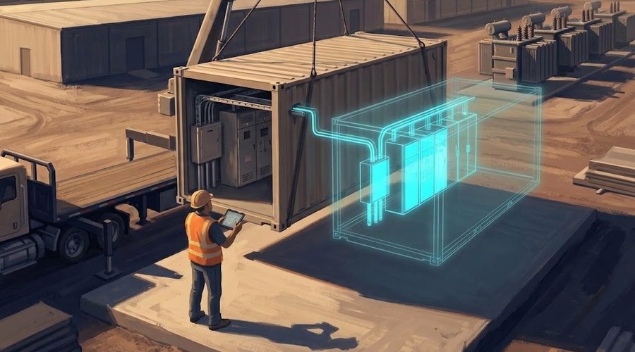 Illustration of an electrical contractor with a tablet watching a crane lower a prefabricated electrical module at a data center site, beside a glowing digital model of its switchgear layout.