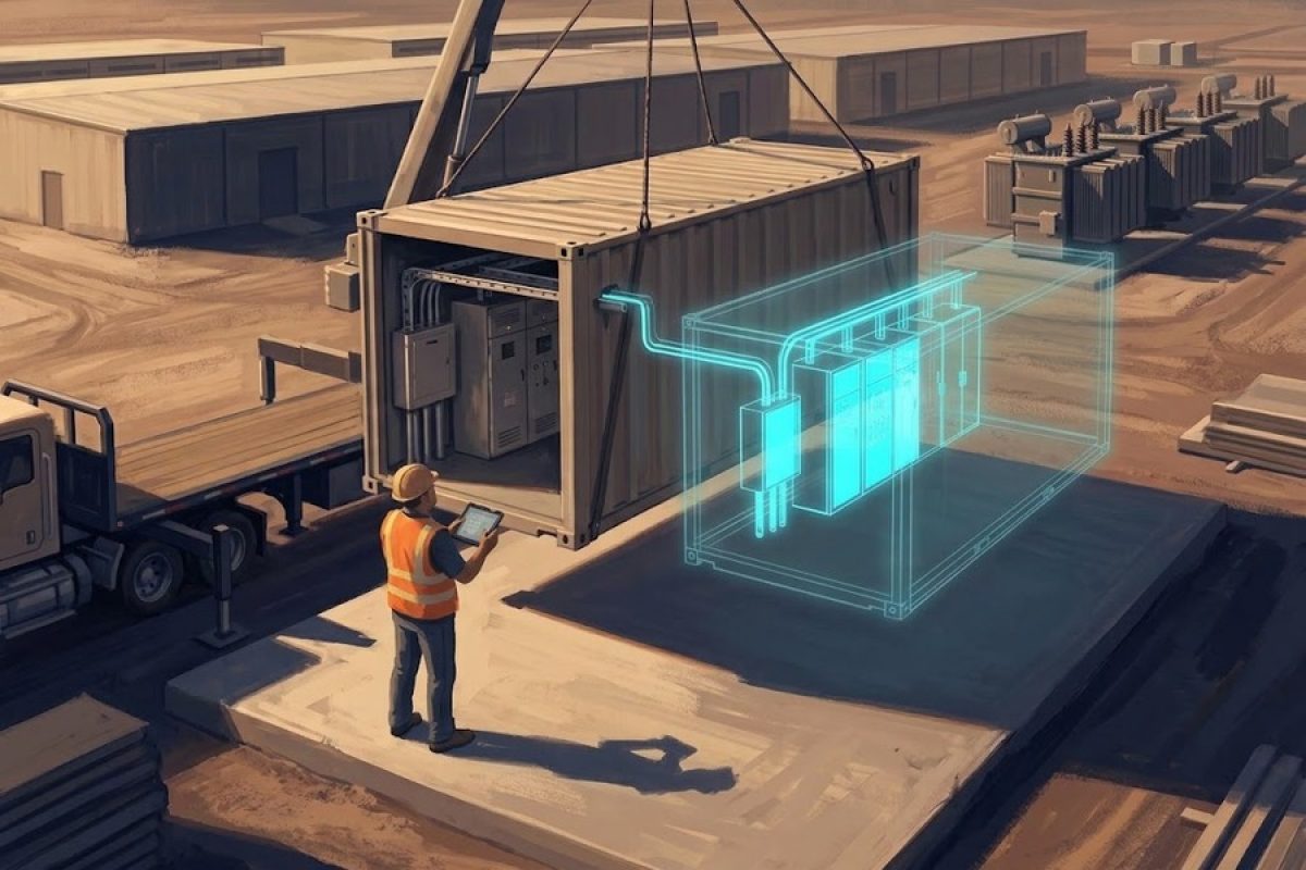 Illustration of an electrical contractor with a tablet watching a crane lower a prefabricated electrical module at a data center site, beside a glowing digital model of its switchgear layout.