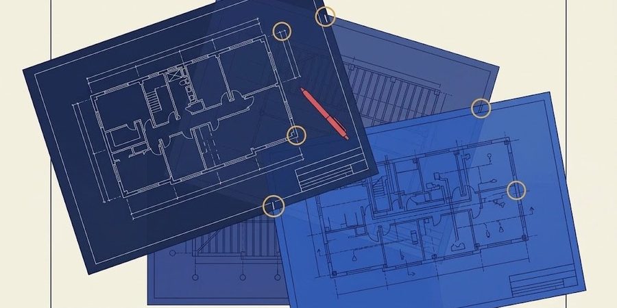 Overlapping architectural, structural and MEP sheets spread across a table under a desk lamp.
