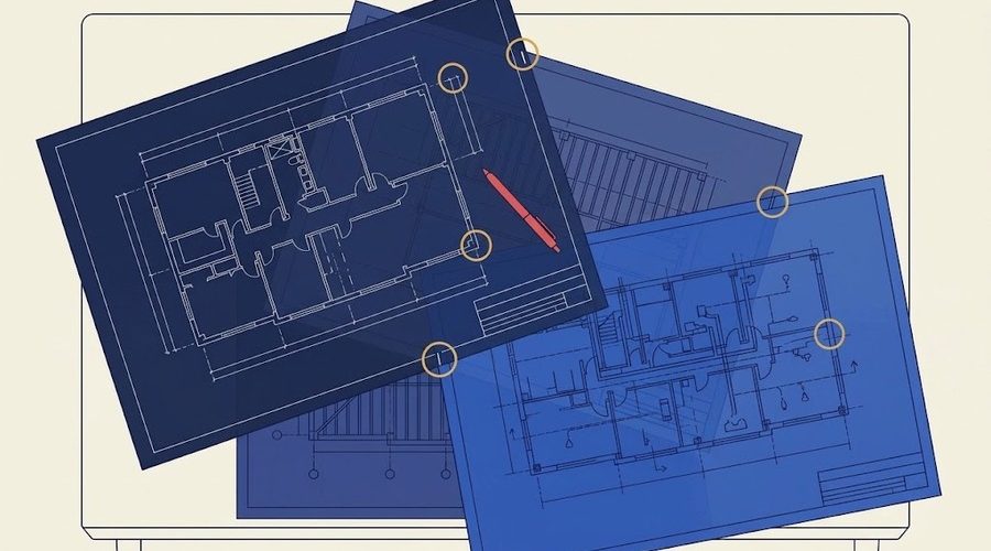 Overlapping architectural, structural and MEP sheets spread across a table under a desk lamp.