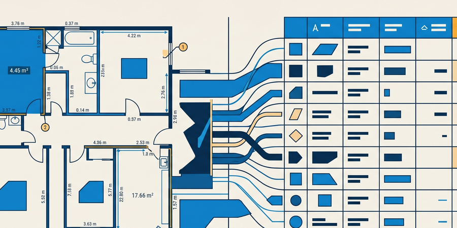 Digital takeoff diagram: dimensioned PDF floor plan measurements flowing into an organized table of construction quantities.